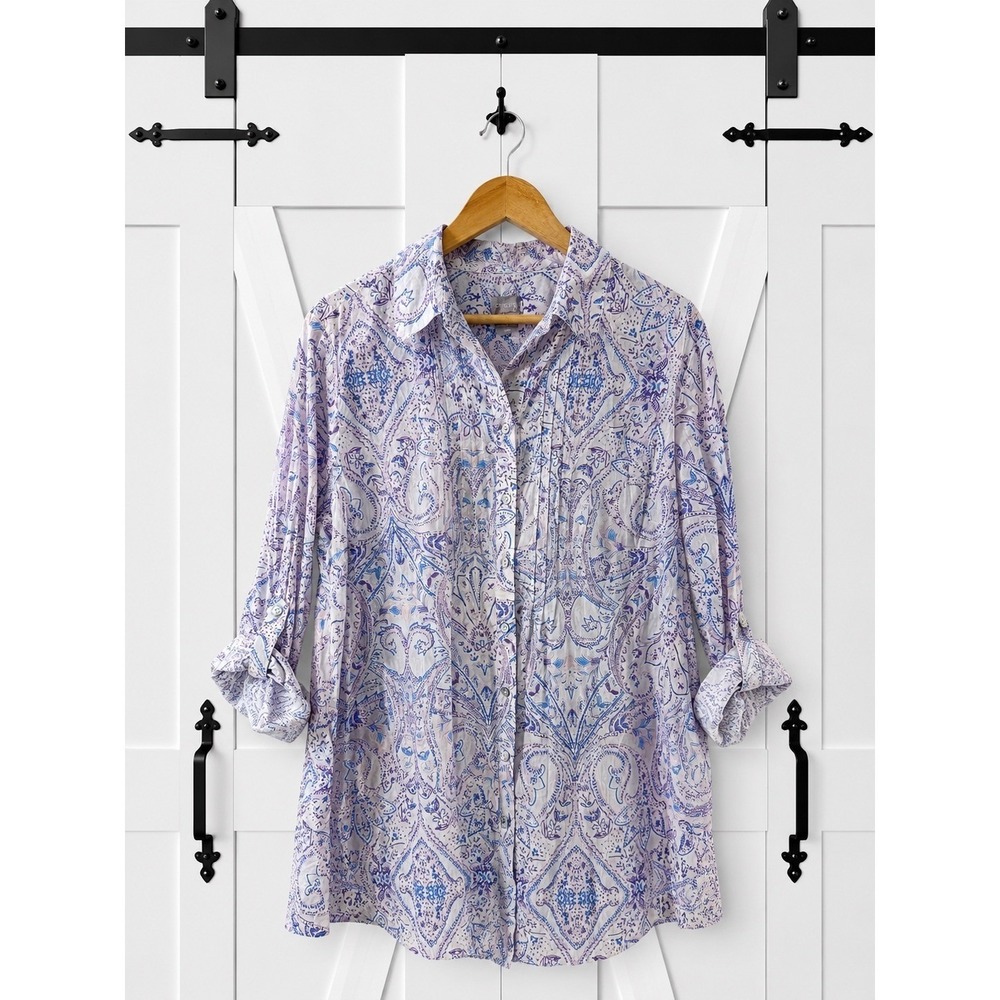 Chico's Button Down Shirt Long Line 3 XL Purple Paisley Pintuckā Roll Tab Cotton